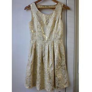 Metallic gold open-back dress, pockets, size S